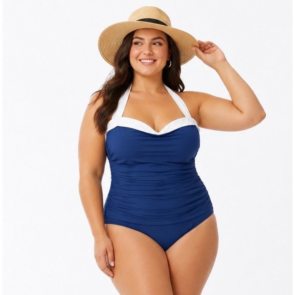 Ralph Lauren Plus Beach Slimming One Piece Swimsuit Blue White Padded Size 16